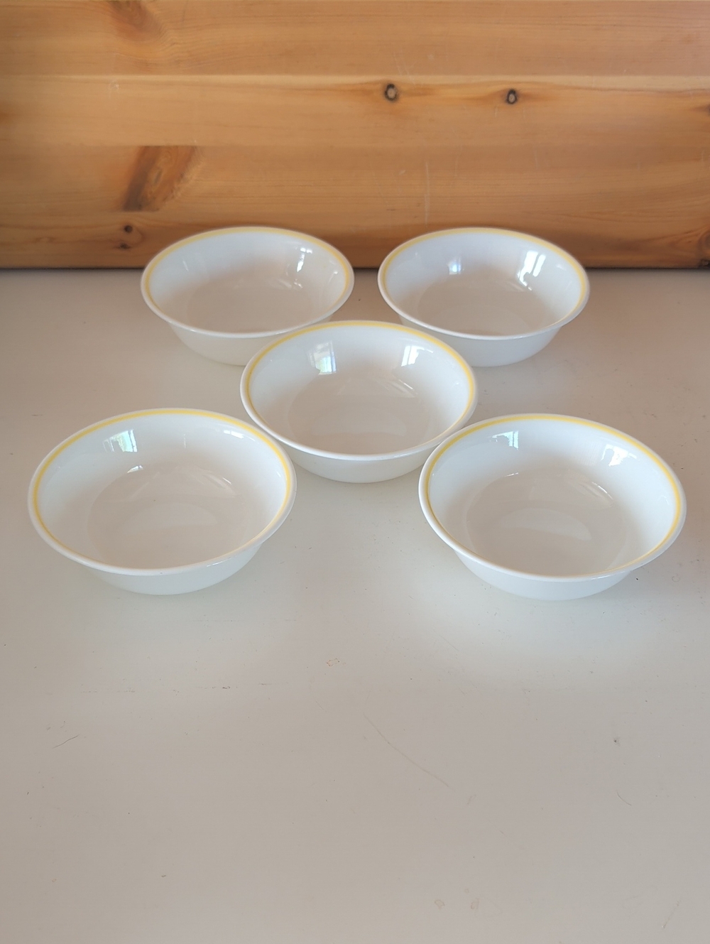 Set of 5 Corelle, Salad/Cereal and Soup Bowls with Yellow Rim.